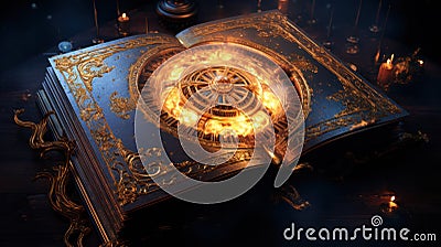 Magic book with watch gear inside, a world of fantasy and magical keys Stock Photo