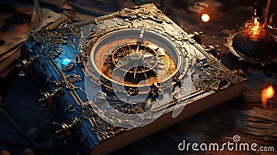 Magic book with watch gear inside, a world of fantasy and magical keys Stock Photo