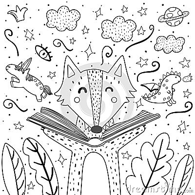 Magic in the books coloring page with cute wolf. Black and white background for adults and children Vector Illustration