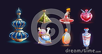 Magic bottle jars with potion. Isolated magic bottle jars with colorful liquids. Potion in glass bottles with poison, antidote Vector Illustration