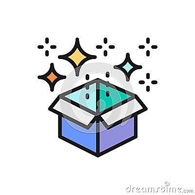 Magic box with confetti, gift flat color line icon. Vector Illustration