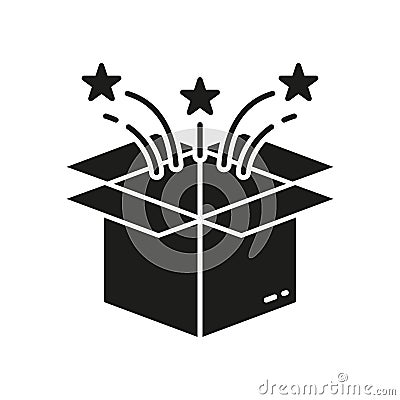 Magic Box Surprise Silhouette Icon. Christmas Magic Package with Confetti Glyph Pictogram. Open Birthday Present Solid Vector Illustration