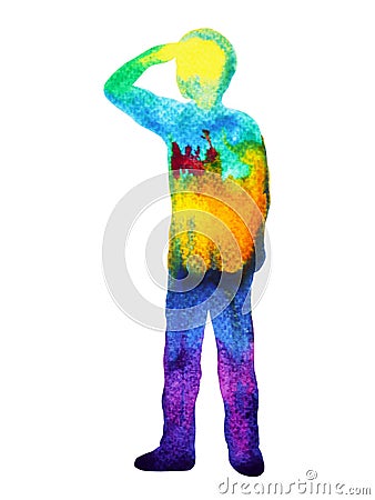 Magic boy in aurora shadow abstract imagination watercolor painting Stock Photo