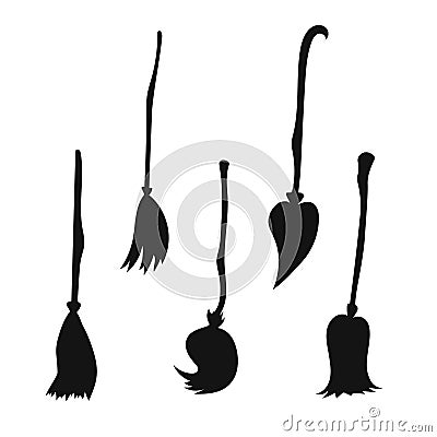 Magic broom set. Witch flying broomstick for witches Vector Illustration