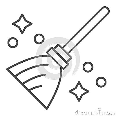 Magic broom thin line icon. Wizard and witch flying besom for household. Halloween party vector design concept, outline Vector Illustration