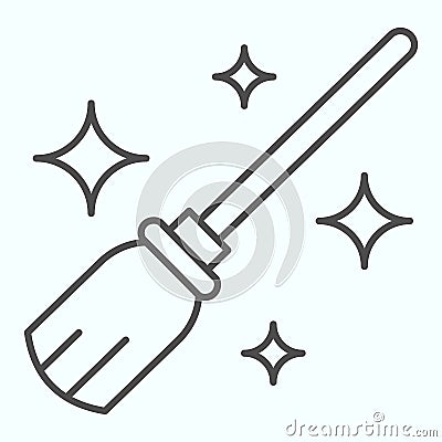 Magic Broom thin line icon. Wizard and witch gardening flying tool in sky with stars. Halloween vector design concept Vector Illustration