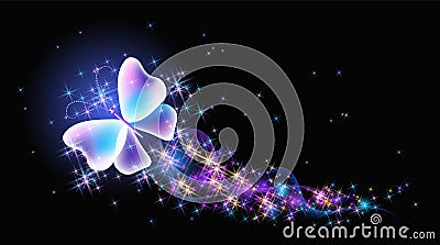 Magic butterfly with fantasy sparkle, blazing trail and glowing stars on black background Vector Illustration