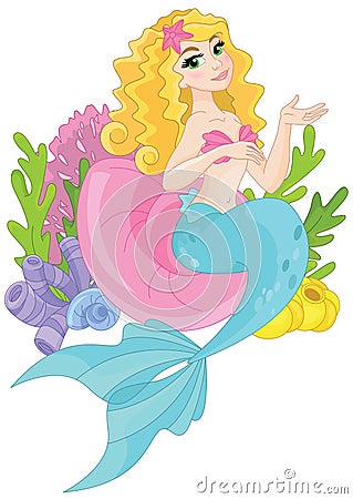 Magic Cartoon Cute Princess Mermaid Vector Illustration