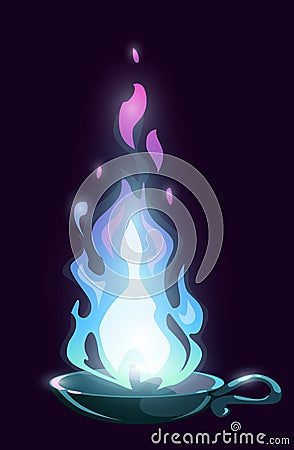 Magic cartoon lamp with fairy blue fire Vector Illustration