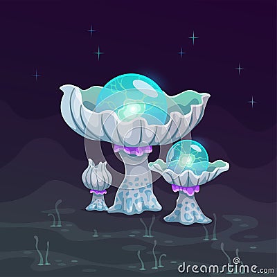 Magic cartoon night mushroom. Alien nature assets. Vector Illustration