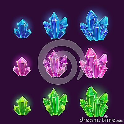 Magic cartoon shiny crystals set Stock Photo