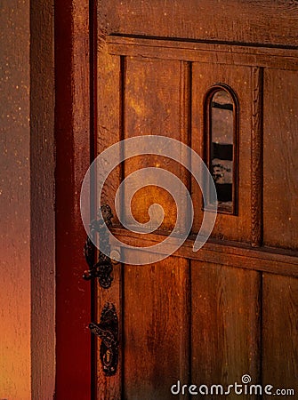 Magic castle wooden door with glass window Stock Photo