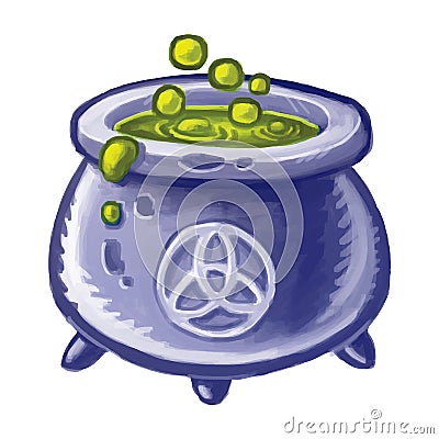 Magic cauldron of boiling green liquid. Wicca. Witch potion. Magical brew potion for Halloween Vector Illustration