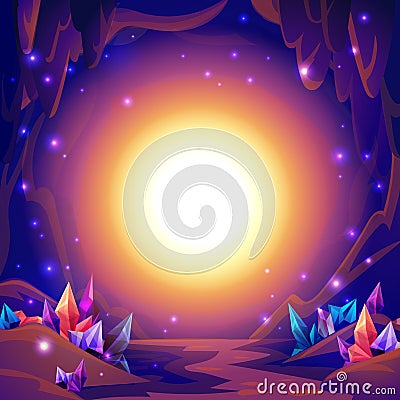 Magic cave. Fairy landscape of a cave with crystals and mystery lights. Fantasy background. Vector Illustration