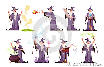 Magic character. Cartoon wizard performs various magical actions. Sorcerer in hat and robe. Fabulous old man with long Vector Illustration