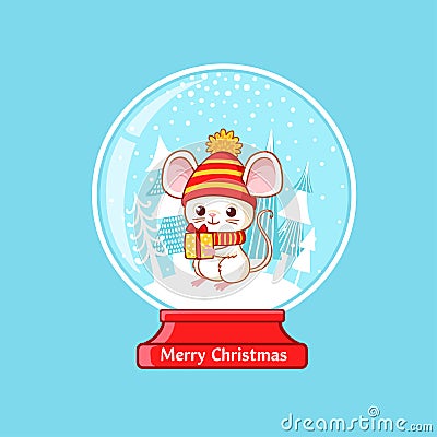 Magic christmas ball with mouse inside on a blue background. Vector illustration on a Christmas theme Cartoon Illustration