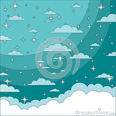 Magic Christmas Cloud. Shining Stars. Night sky abstract background. Vector Illustration