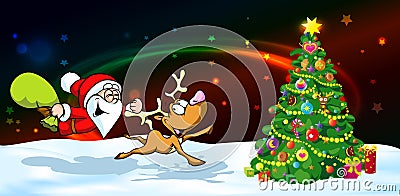 Magic christmas eve banner - funny vector illustration of santa with reindeer Vector Illustration