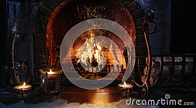 Magic Christmas fireplace. Stock Photo