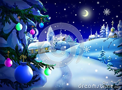 Magic Christmas & New Year Night Landscape Cartoon Illustration