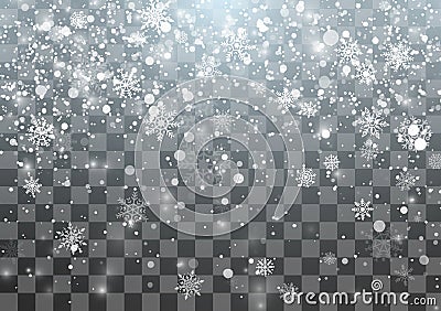 Magic Christmas Snowfall template. Falling snowflakes on transparent background. Abstract magical Xmas holiday background. Vector Vector Illustration