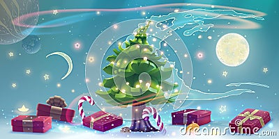 Magic Christmas tree with presents and glow snowflakes for New Year greeting card in vector. Fantasy winter illustration with tree Vector Illustration