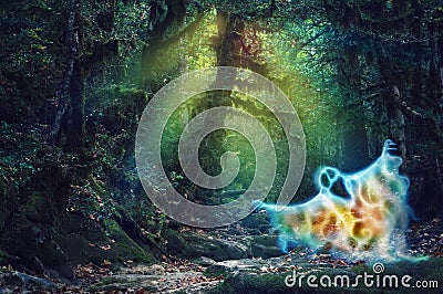 Magic color haunted forest with a scary fire ghost Stock Photo