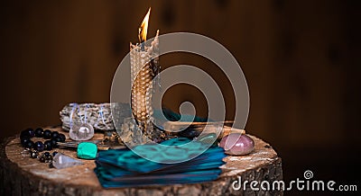 Magic concept. Paganism and wicca rite, altar of witch Stock Photo