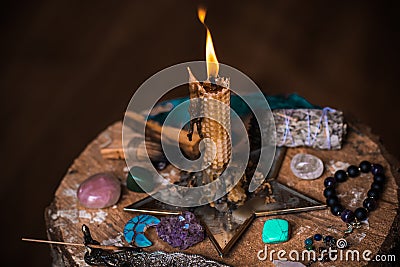 Magic concept. Paganism and wicca rite, altar of witch Stock Photo