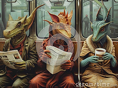 Magic creatures in subway car commute Stock Photo