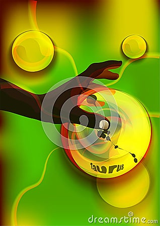 Magic crystal ball in dark skin hand, red light, electric discharges and lightning, mystical illustration, zodiac sign Taurus Cartoon Illustration