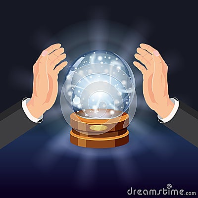 Magic crystal ball fortune, open hands, mistery, shining, magic, predictions, sphere, light effects, glow, vector Vector Illustration