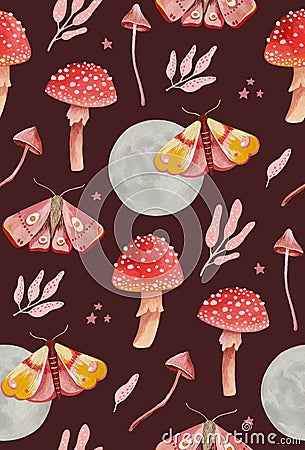 Magic cute pink moth and mushrooms pattern. Fairy night moon, fly agaric and toadstool dark red background. Woodland amanita grebe Stock Photo