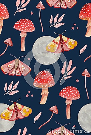Magic cute pink moth and mushrooms pattern. Fairy night moon, fly agaric and toadstool navy background. Woodland amanita grebe Stock Photo