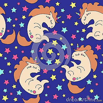 Magic cute sleeping unicorn with rainbow stars. Seamless pattern. Vector Illustration