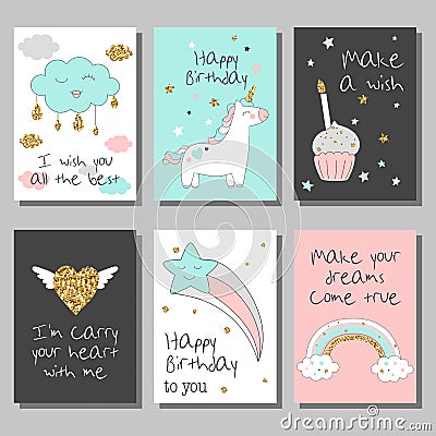 Magic design cards set with unicorn, rainbow, hearts, clouds and others elements. Vector Illustration