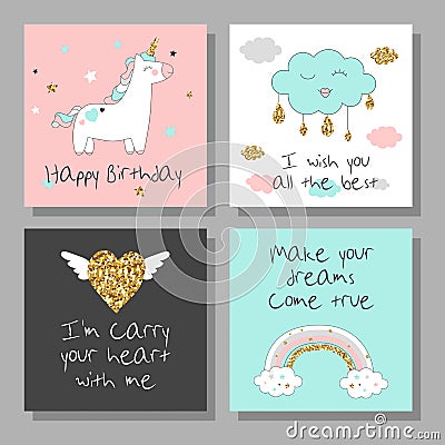Magic design cards set with unicorn, rainbow, hearts, clouds Vector Illustration