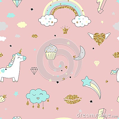 Magic design seamless pattern with unicorn, rainbow, hearts, clouds Vector Illustration