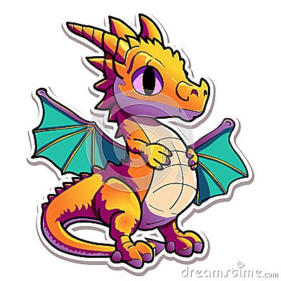 Magic dragon sticker. Fantasy funny creature, big flying fairy animal legendary characters, mythical reptiles cartoon design Vector Illustration