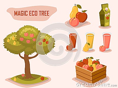 Magic Eco tree. Gardening. Farm fresh. Retro style vector elements. Vector Illustration