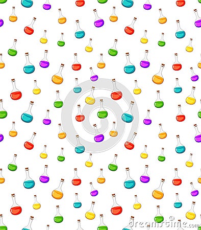 Magic elixir seamless pattern for halloween. Cartoon background with liquid flask. Colorful potion wallpaper. Bottle with toxic Vector Illustration