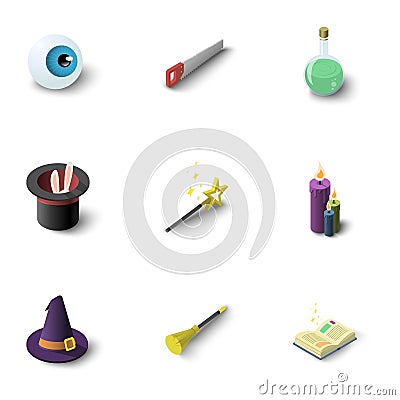 Magic equipment icons set, isometric style Vector Illustration