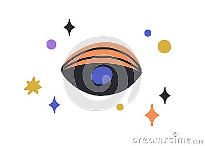 Magic evil eye watching from heaven with stars. Occult eyeball with mystical look. Abstract esoteric sacred symbol drawn Vector Illustration