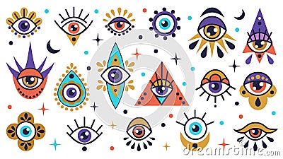 Magic eye. Evil symbols. Ra eyeballs. Flat doodle triangle. Ethnic mystical see with eyelashes and tears. Mason or Greek Vector Illustration