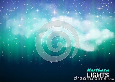 Magic Fabulous Night Sky with Clouds and Realistic colored North Vector Illustration