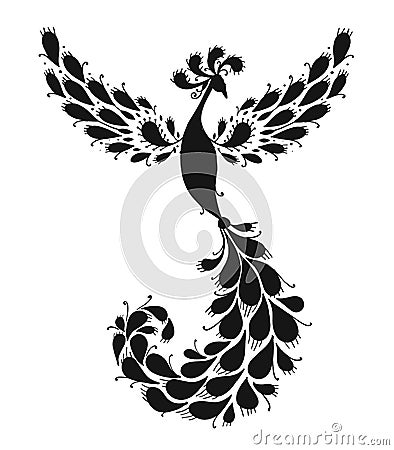 Magic Fairy Bird, Black Silhouette. Phoenix Bird. Mythical character. Ornamental Silhouette for your design Vector Illustration