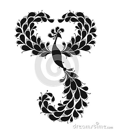 Magic Fairy Bird, Black Silhouette. Phoenix Bird. Mythical character. Ornamental Silhouette for your design Vector Illustration