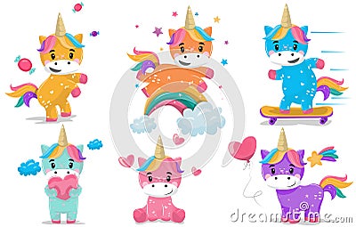 Magic fairy little pony fantasy unicorns cartoon vector illustration set Vector Illustration