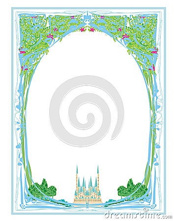 Magic FairyTale Princess Castle, vintage decorative frame Vector Illustration