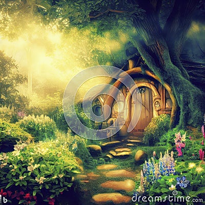 Magic fairytale tree house in hobbit forest land in sunshine, generative AI Stock Photo